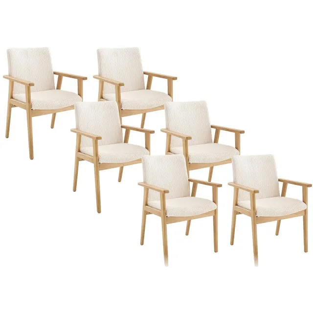 Vente-unique Set van 6 stoelen met armleuningen van ribfluweel en rubberhout - Crème - FILDON