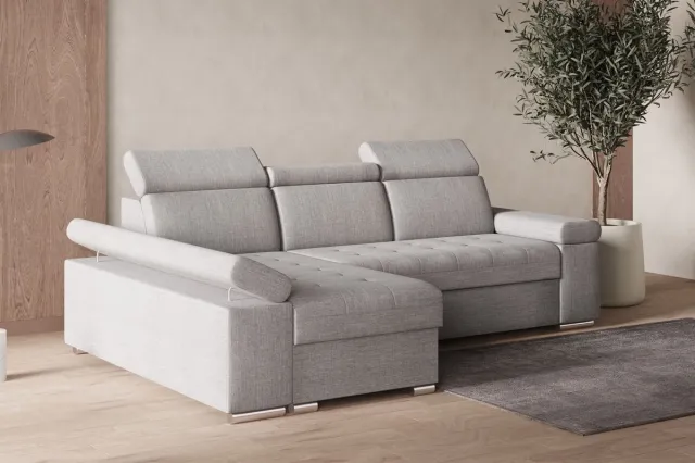 AJE Meubles B.V. Hoekbank L met slaapfunctie, verstelbare hoofdsteunen & bedlade – Moderne slaapbank met opbergruimte – Hoekbank Luka L – Lichtgrijs (Twist 19) – Links