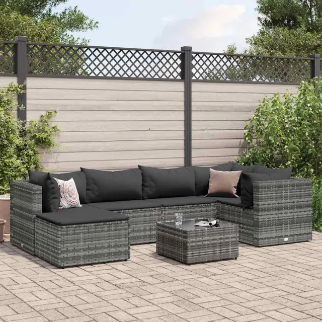 vidaXL 7-delige Loungeset met kussens poly rattan grijs, foto 2