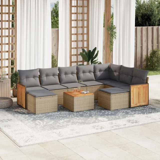 vidaXL 10-delige Loungeset met kussens poly rattan beige, foto 2