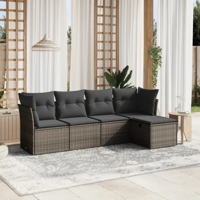 vidaXL 5-delige Loungeset met kussens poly rattan grijs, foto 2