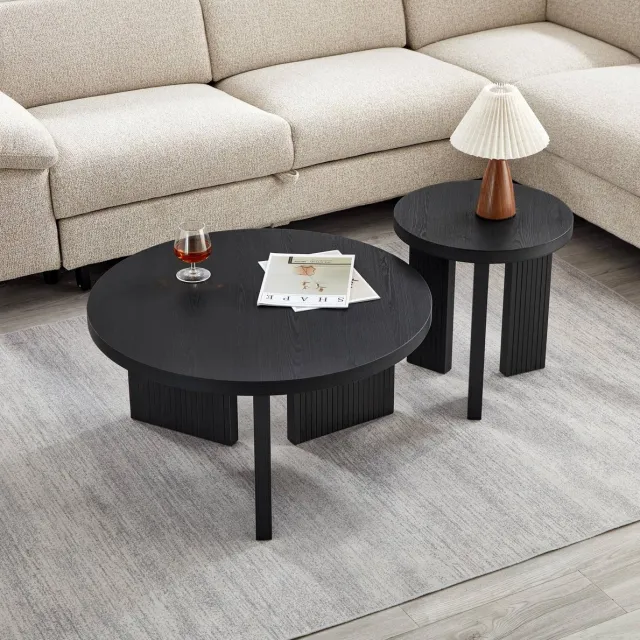 DESMIU Salontafelset - Rond Geribbeld Ontwerp - Voor Woonkamer, Slaapkamer En Kantoor - MDF - 80 x 80 x 41,5 cm - Zwart