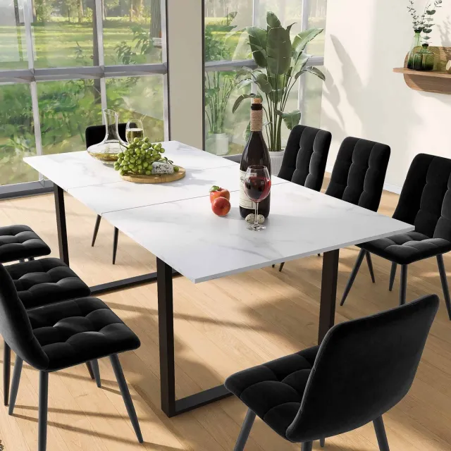 REDOM Uitschuifbare Eettafel (140 tot 180 cm) - Marmerlook Tafelblad met Zwarte U-Poten - Hotel Chique / Industrieel - Wit