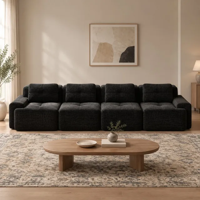 WUVRIE Modulaire 4-zitsbank 382x104x69 cm - Diepe zitting en brede armleuningen - Zwart