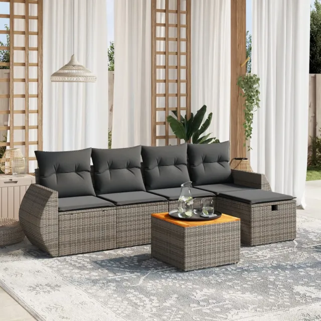 vidaXL 6-delige Loungeset met kussens poly rattan grijs, foto 2