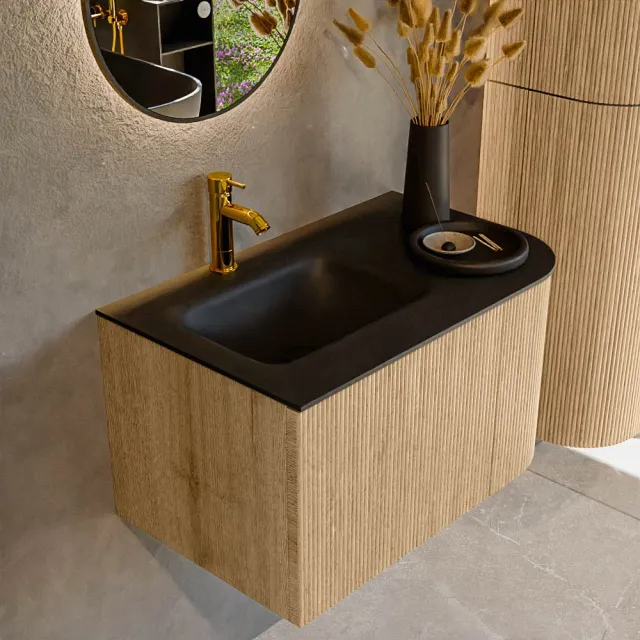 Mondiaz KURVE 75 cm Onderkast Greeploos 1 Lade Met Deuren Oak, Wastafel Solid Surface Links Urban 1 Kraangat Zonder Spiegel (KRVGRU75R1L1D1KL-Oak/Urb)