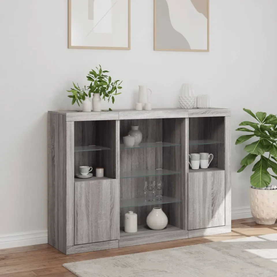 vidaXL Dressoirs met LED-verlichting 3 st bewerkt hout grijs sonoma, foto 4