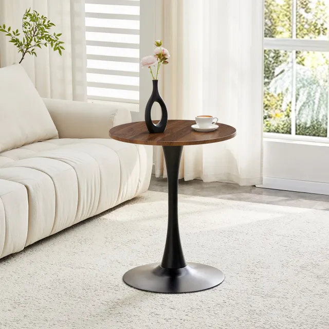 FloraGrace Bijzettafel - Ronde Tafel Met Walnootlook En Zwarte Metalen Voet - Mid Century Stijl Voor Woonkamer En Eetkamer - 60 Cm
