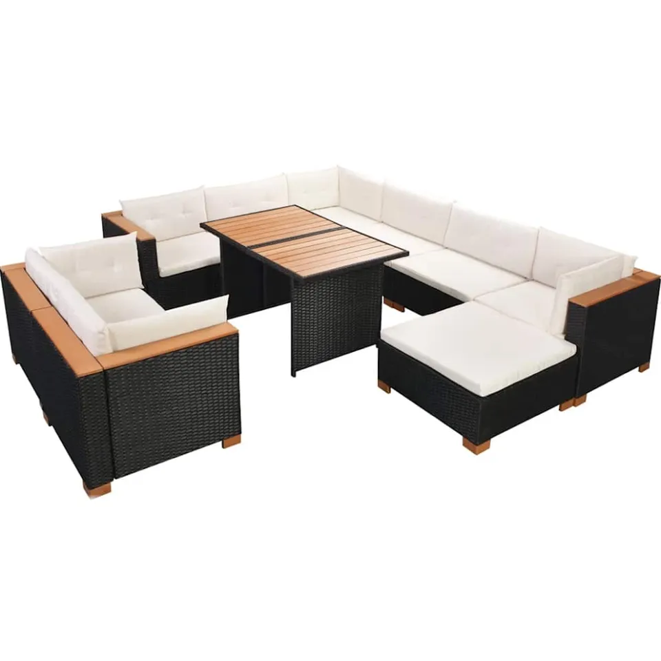 vidaXL 10-delige Loungeset met kussens poly rattan zwart