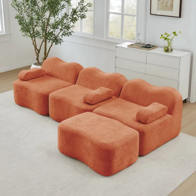 REDOM Modulaire Hoekbank - L-Vorm met diepe zitting en golvende vorm - Moderne loungebank voor woonkamer - Fluweel - Oranje - 288 x 167 x 70 cm