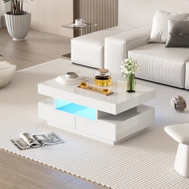 DESMIU Salontafel - Hoogglans Met Led Verlichting En Vier Lades - Voor Woonkamer En Ontspanning - Spaanplaat - Wit - 80 X 50 X 36 Cm