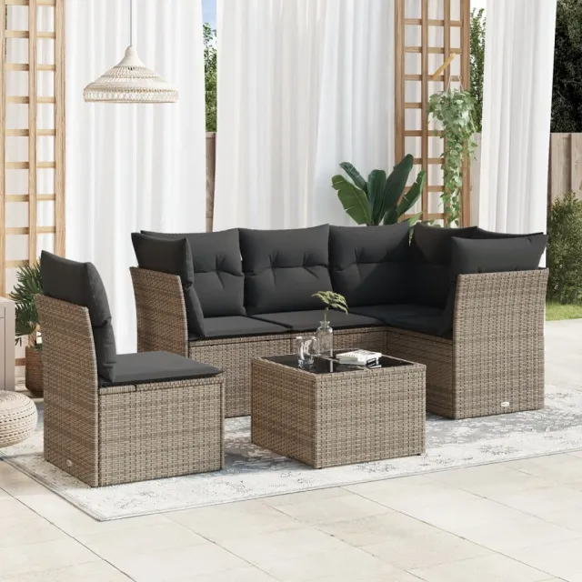 vidaXL 6-delige Loungeset met kussens poly rattan grijs, foto 2