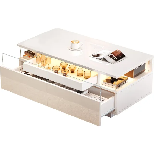 Ropilly Salontafel wit - Hoogglans salontafel - Met LED verlichting app - 2 lades en dienblad - 50 kg draagkracht – Voor woonkamer – 90x45x35,5 cm - Wit