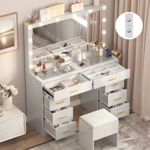 Mihtrov Kaptafel - Make Up Tafel - Inclusief Krukje - Met Spiegel en 12 LED Lampen - Met Stopcontacten & USB-poorten - 3 Lichtkleuren - 8 Laden - Transparant Glazen Tafelblad - Eenvoudige Montage - 140x113x40 cm - Voor Slaapkamer Kleedkamer - Wit