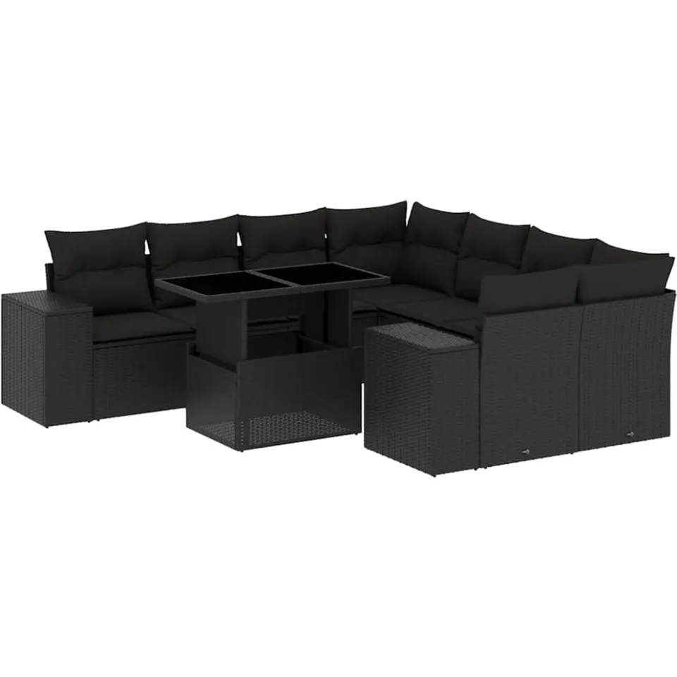 vidaXL 9-delige Loungeset met kussens poly rattan zwart, foto 3