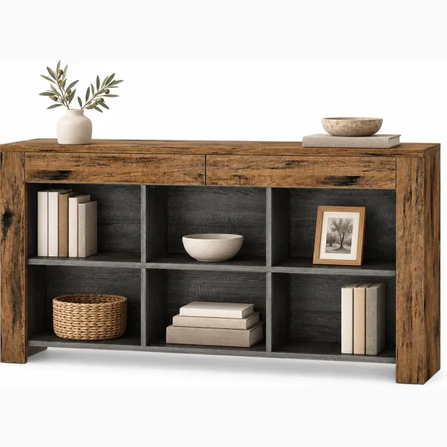 DMG Supply Side Table - Open Kast - Kast met 6 Vakken - Brede Opbergkast - Bruin/Antraciet - 160 x 30 x 80 cm