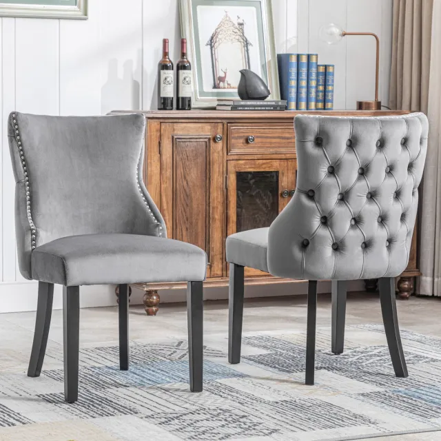 YJZQ 2 stuks hoge rug 4-poots stoel-grijs fluwelen eetkamerstoel-met-knoopsteek-massief houten frame-grijs-(Set van 2)
