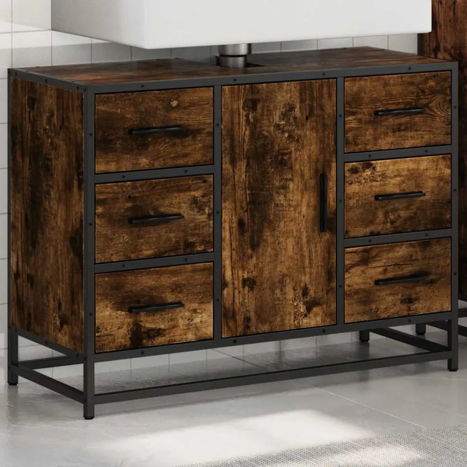 vidaXL Wastafelkast 80x33x60 cm bewerkt hout gerookt eikenkleurig, foto 3