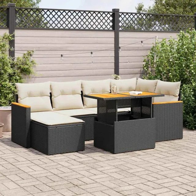 vidaXL 7-delige Loungeset met kussens poly rattan acacia zwart, foto 2