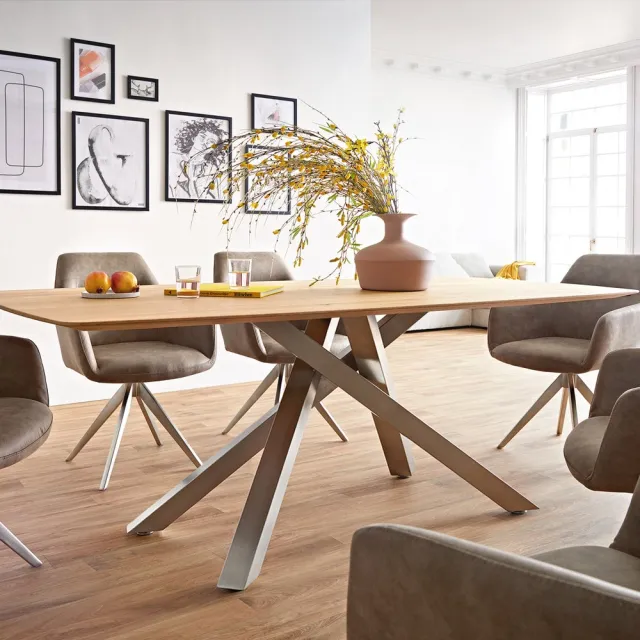 DELIFE Eetkamertafel Edge Boot eiken natuur 200x100x2,5-3 kruisframe rechthoek roestvrij staal Zwitserse rand Bruin