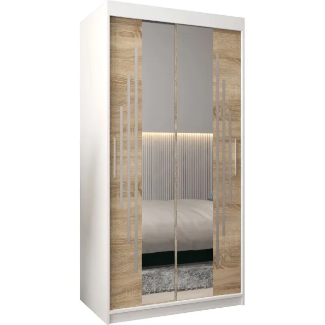 InspireME Kledingkast met 2 schuifdeuren, Modern-stijl, Een kledingkast met planken en een spiegel (BxHxD): 100x200x62 - MALTESE I 100 Wit Mat + Sonoma Eik met 2 lades