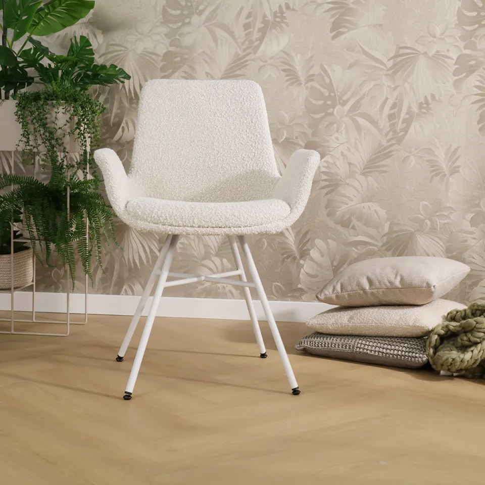 Nolon Noa-Eef eetkamerstoel bouclé beige - wit onderstel, foto 2