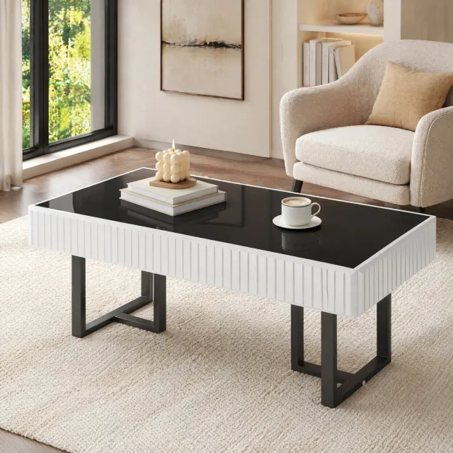 COVREO Salontafel 110x50,5x41 cm – zwart wit, hoogglans blad, metalen frame