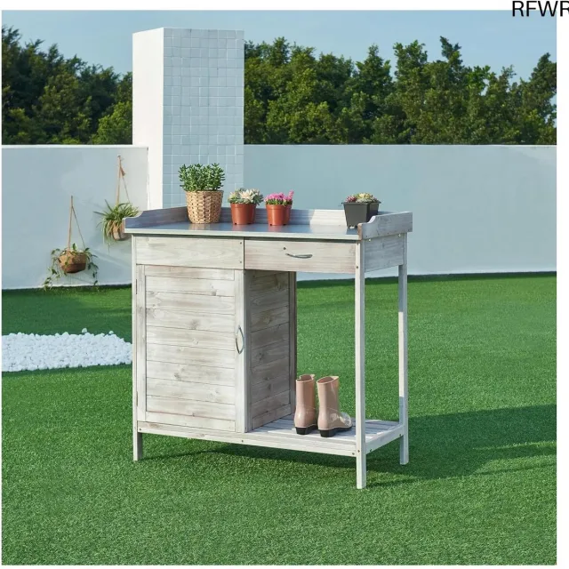 RFWR Robuuste Plantentafel voor de Tuin - Oppottafel met Stalen Werkblad en Opbergruimte 98x48x94 cm Grijs houtnerf