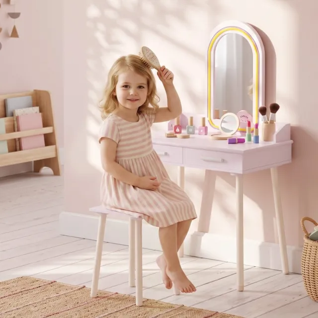 Pugsdrly inder kaptafel Set 2-in-1 kaptafel/bureau met kruk, LED-spiegel in 3 lichtkleuren, 2 lades, 3-8 jaar Roze