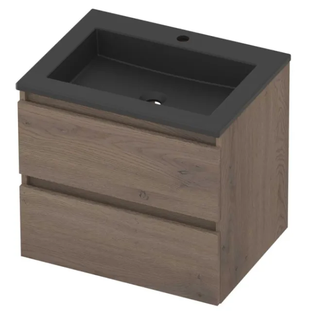 Basic-Line Aura 46 Badmeubelset Acryl 1 Kraangat Greeploos 60x46x54 cm Dusk Oak Mat Zwart