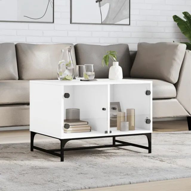 vidaXL Salontafel met glazen deuren 68,5x50x50 cm wit, foto 2