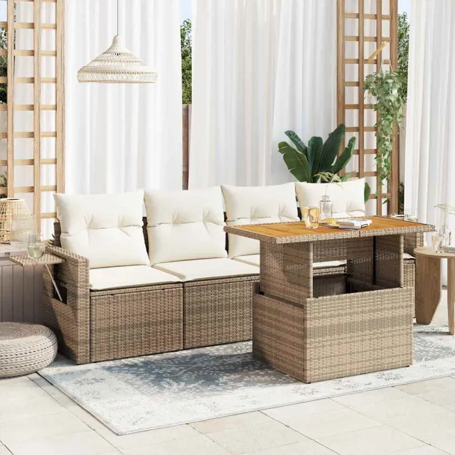 vidaXL 5-delige Loungeset met kussens poly rattan beige, foto 2