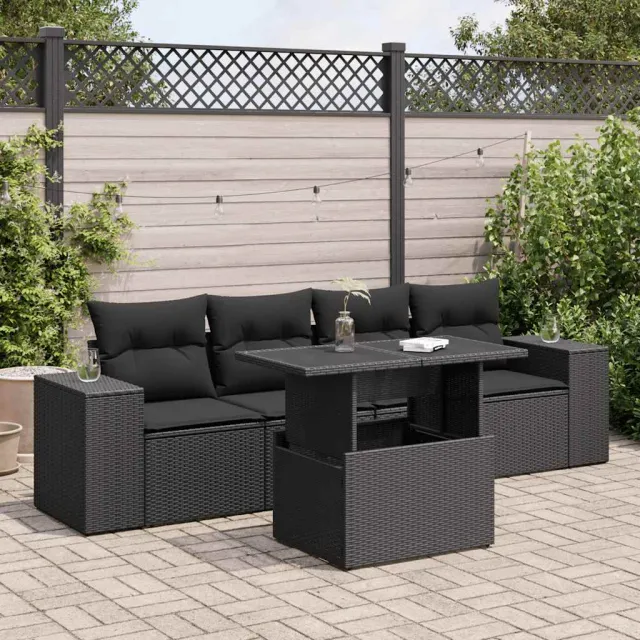vidaXL 5-delige Loungeset met kussens poly rattan zwart, foto 2