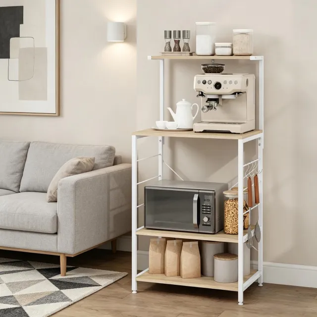 OKWISH Boekenkast – 60 x 123 x 40 cm – Open 4-Laags Opbergrek – Hout En Staal – Wit En Lichte Eik – Voor Keuken En Woonkamer White