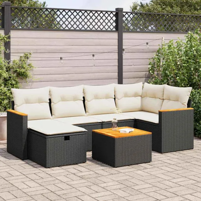 vidaXL 7-delige Loungeset met kussens poly rattan zwart, foto 2