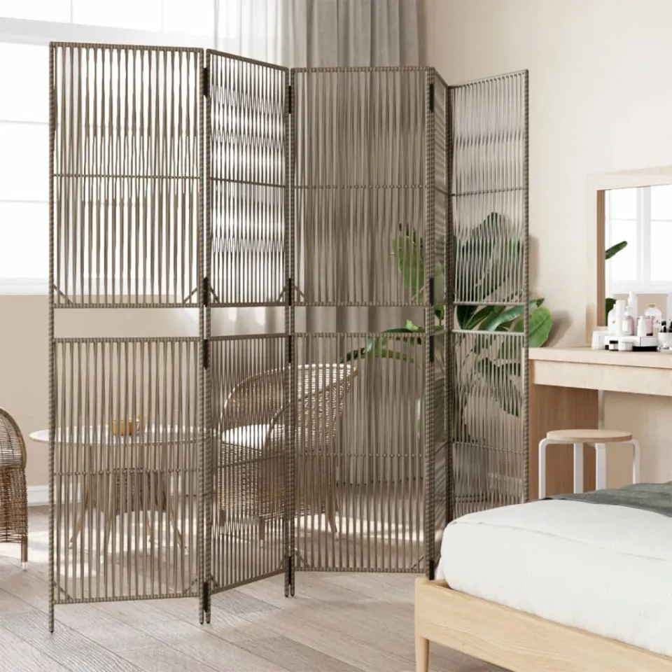 vidaXL Kamerscherm 5 panelen poly rattan grijs, foto 4