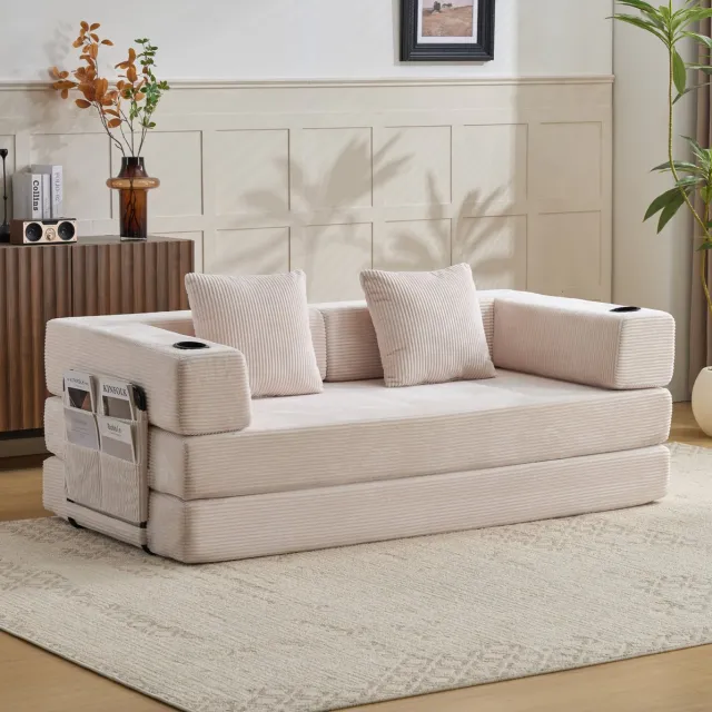 MODENUIT Slaapbank 185 x 92,5 cm - Opvouwbaar Met Bekerhouder En Zijvak - Woonkamer - Ribfluweel Wit