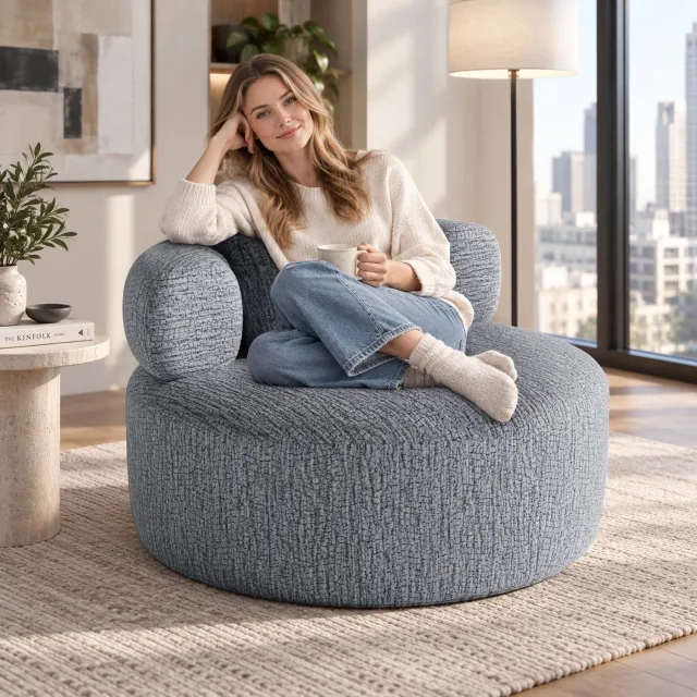 VVBV Ronde Zitzak Fauteuil voor Volwassenen - Ø100 cm - Chenille Loungestoel met Kussen - Traagschuim Vulling - Grijs