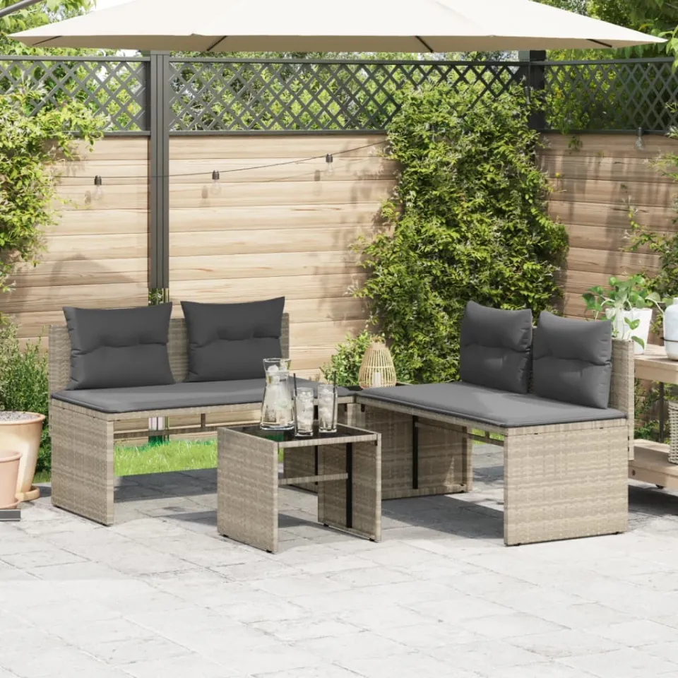 vidaXL 4-delige Loungeset met kussens poly rattan lichtgrijs grijs, foto 2