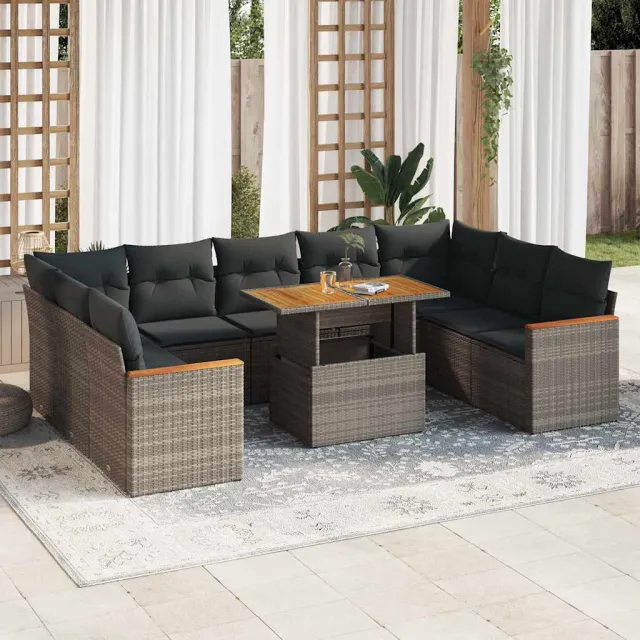 vidaXL 10-delige Loungeset met kussens poly rattan acacia grijs, foto 2