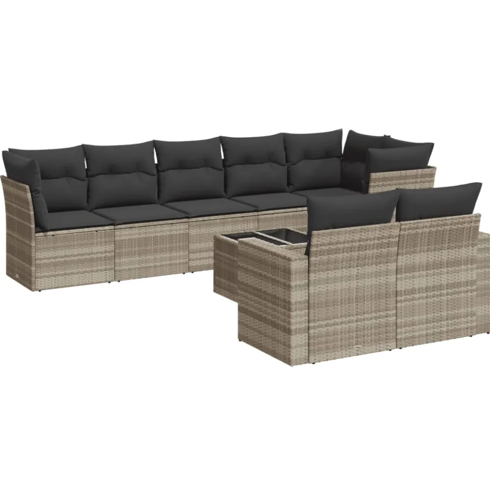 vidaXL 9-delige Loungeset met kussens poly rattan lichtgrijs grijs