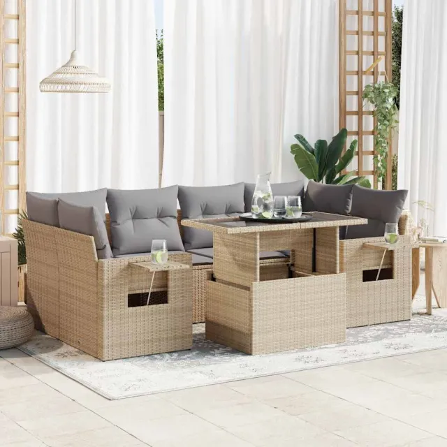 vidaXL 7-delige Loungeset met kussens poly rattan beige, foto 2