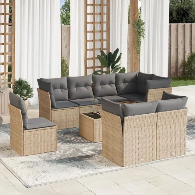 vidaXL 9-delige Loungeset met kussens poly rattan beige, foto 2