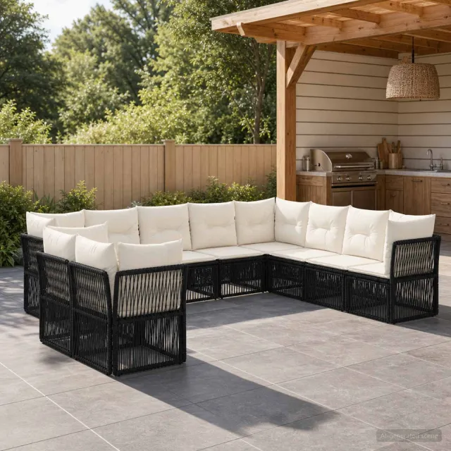 vidaXL Tuinbankenset 10 st 10-zits Zwart poly rattan