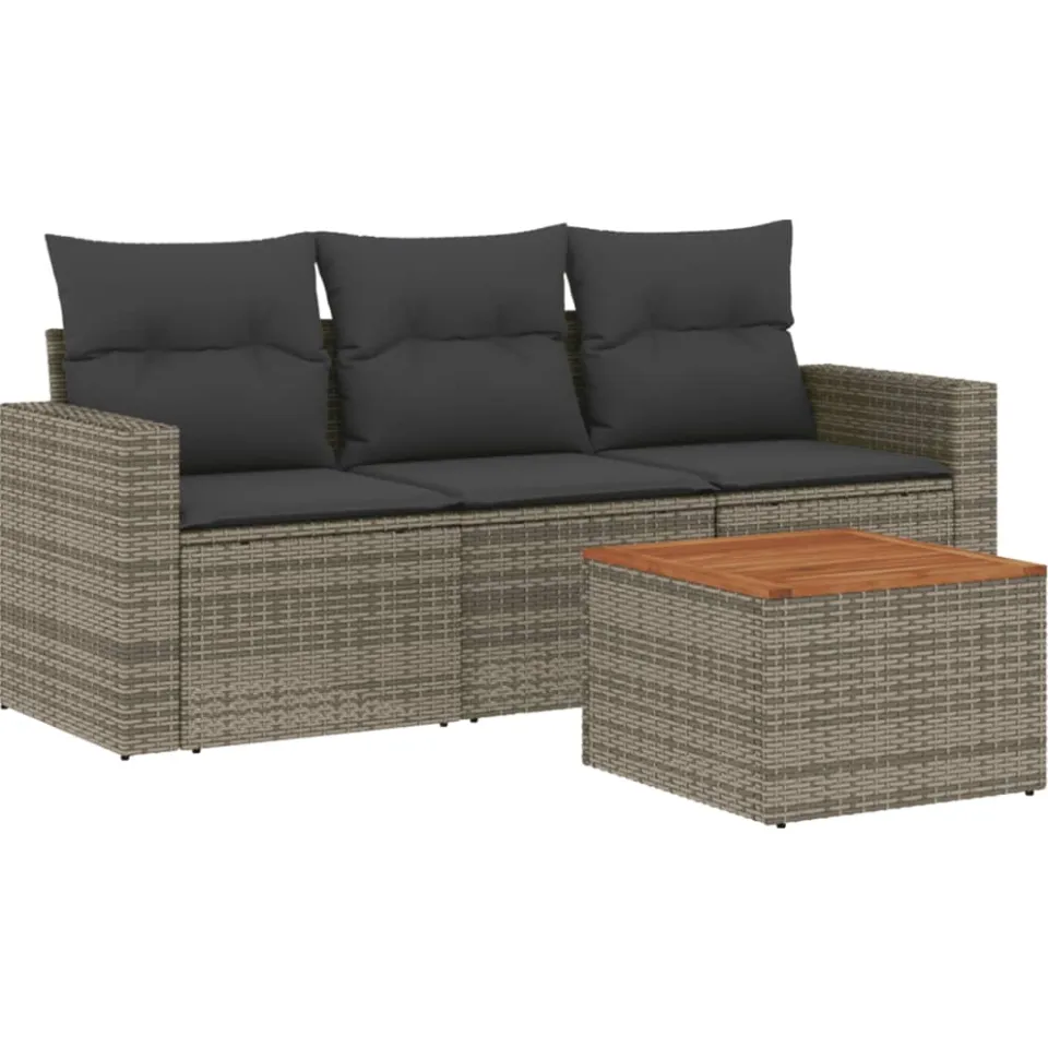 vidaXL 4-delige Loungeset met kussens poly rattan grijs, foto 3