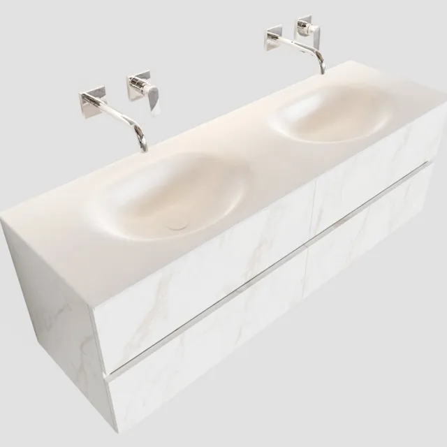 Boss & Wessing Badkamermeubel BWS Valencia Carrara Mat 200 cm Solid Surface Wastafel Dubbel (0 kraangaten, 4 lades)