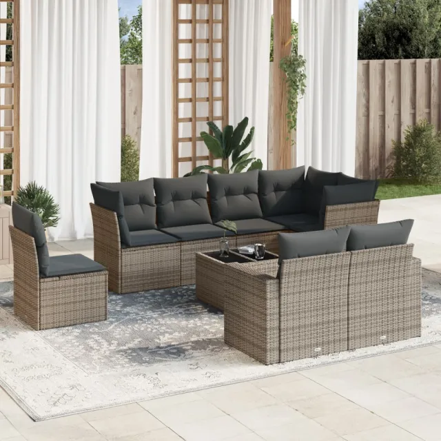 vidaXL 9-delige Loungeset met kussens poly rattan grijs, foto 2