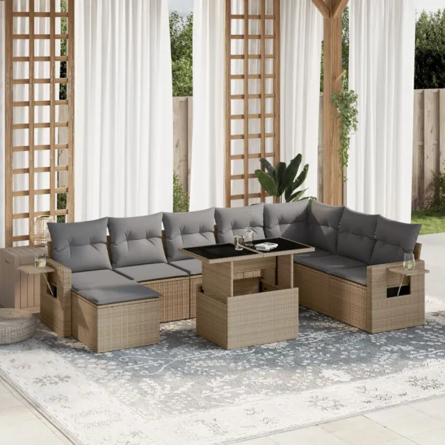 vidaXL 9-delige Loungeset met kussens poly rattan beige, foto 2