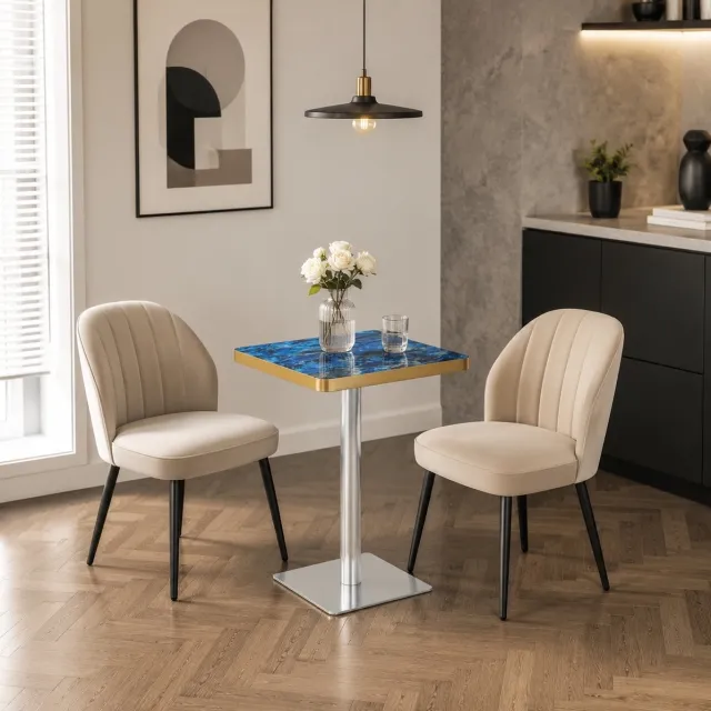FloraGrace Eettafel - Vierkant Modern Design Met Marmorlook En Gouden Rand - Voor Eetkamer, Bistro En Café - MDF En Metaal - 60x60x74 Cm - Blauw Blue