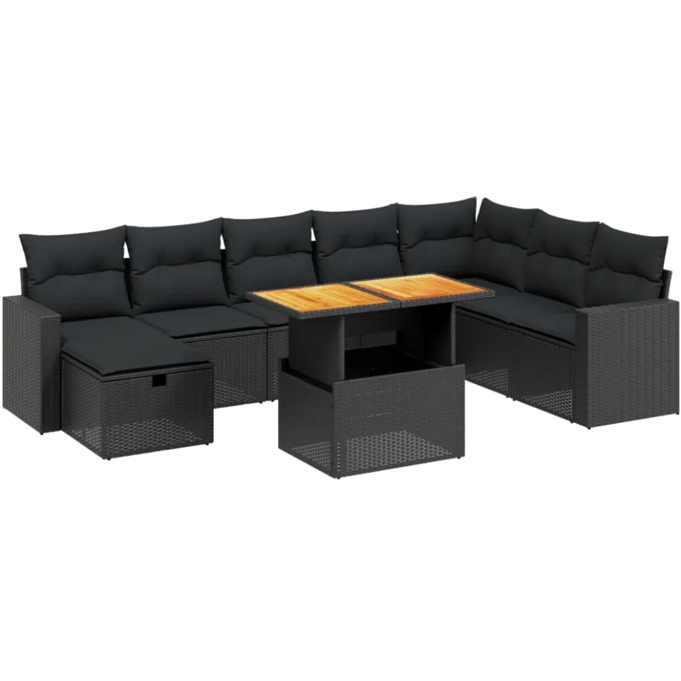 vidaXL 9-delige Loungeset met kussens poly rattan zwart, foto 4